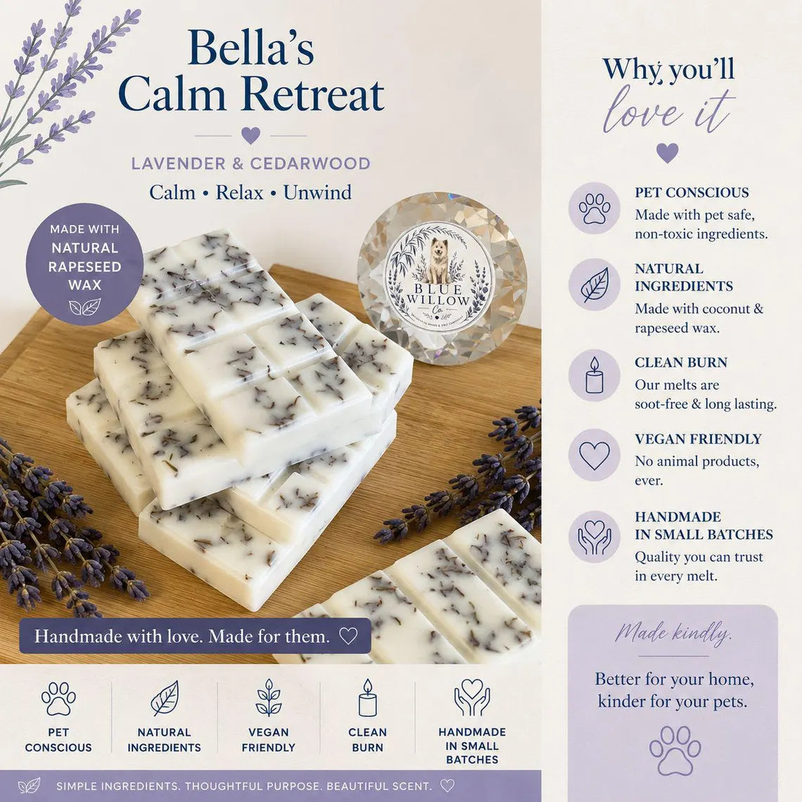 Bella's Calm Retreat - Lavender + Cedarwood Wax Melt Snap Bar
